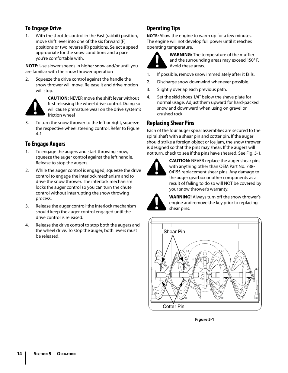 Operating tips, Replacing shear pins | Cub Cadet 930 SWE User Manual | Page 14 / 24