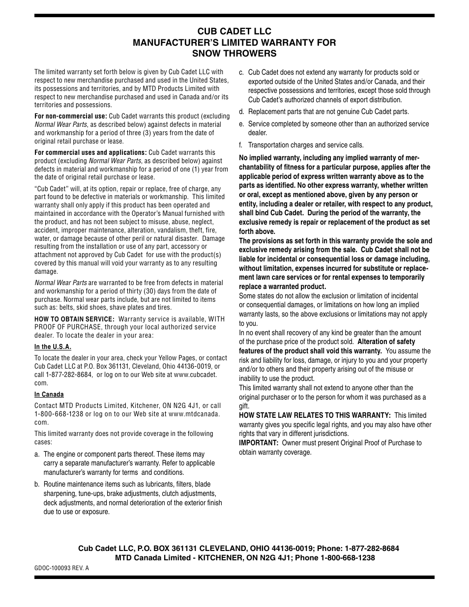 Cub Cadet 930 SWE User Manual | Page 24 / 24