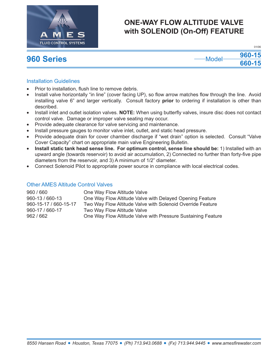 Ames Fire & Waterworks 960GS-15 Stainless Steel One-Way Flow Altitude Valve with Solenoid Override Feature User Manual | 1 page