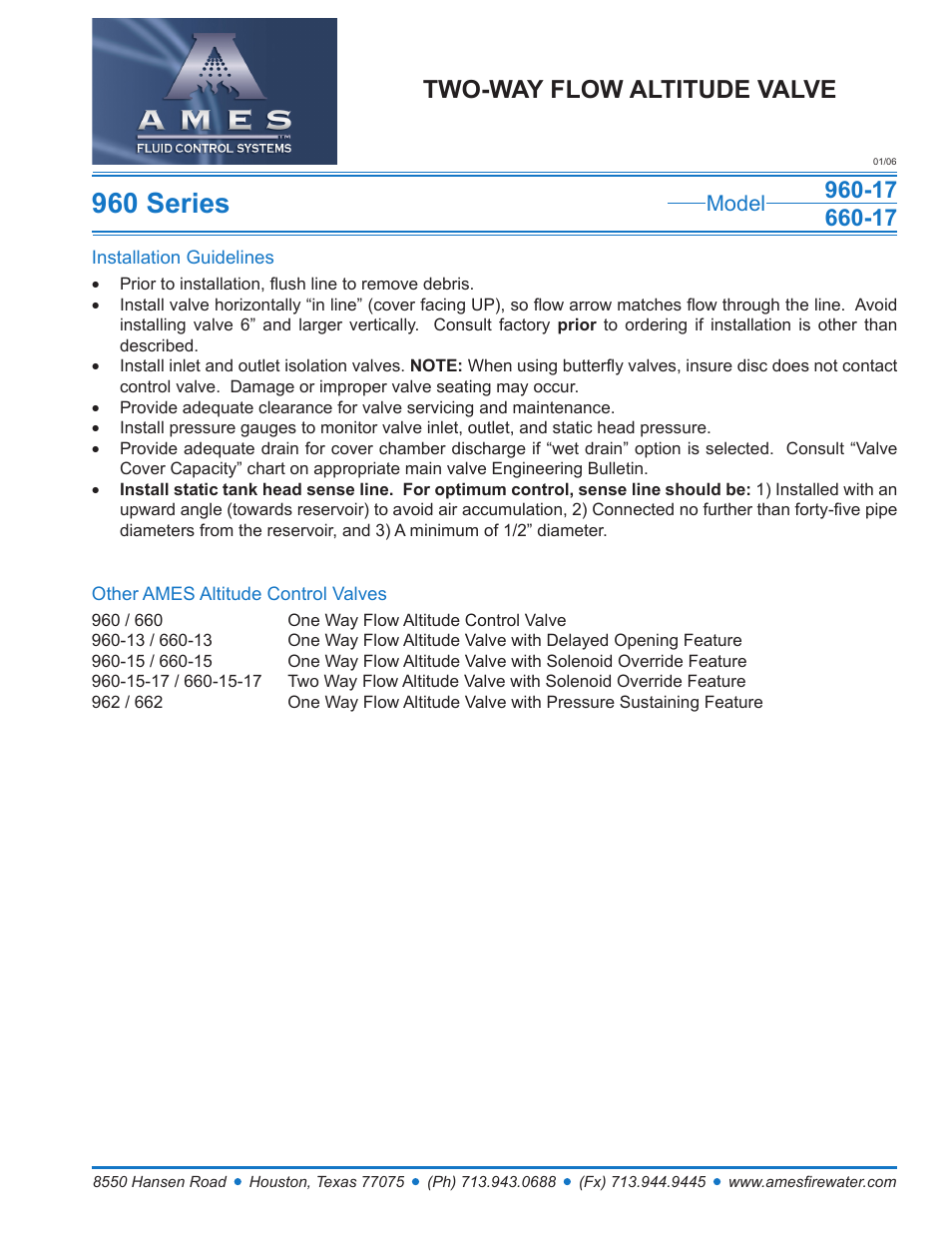 Ames Fire & Waterworks 960GS-17 Stainless Steel Two-Way Flow Altitude Valve User Manual | 1 page