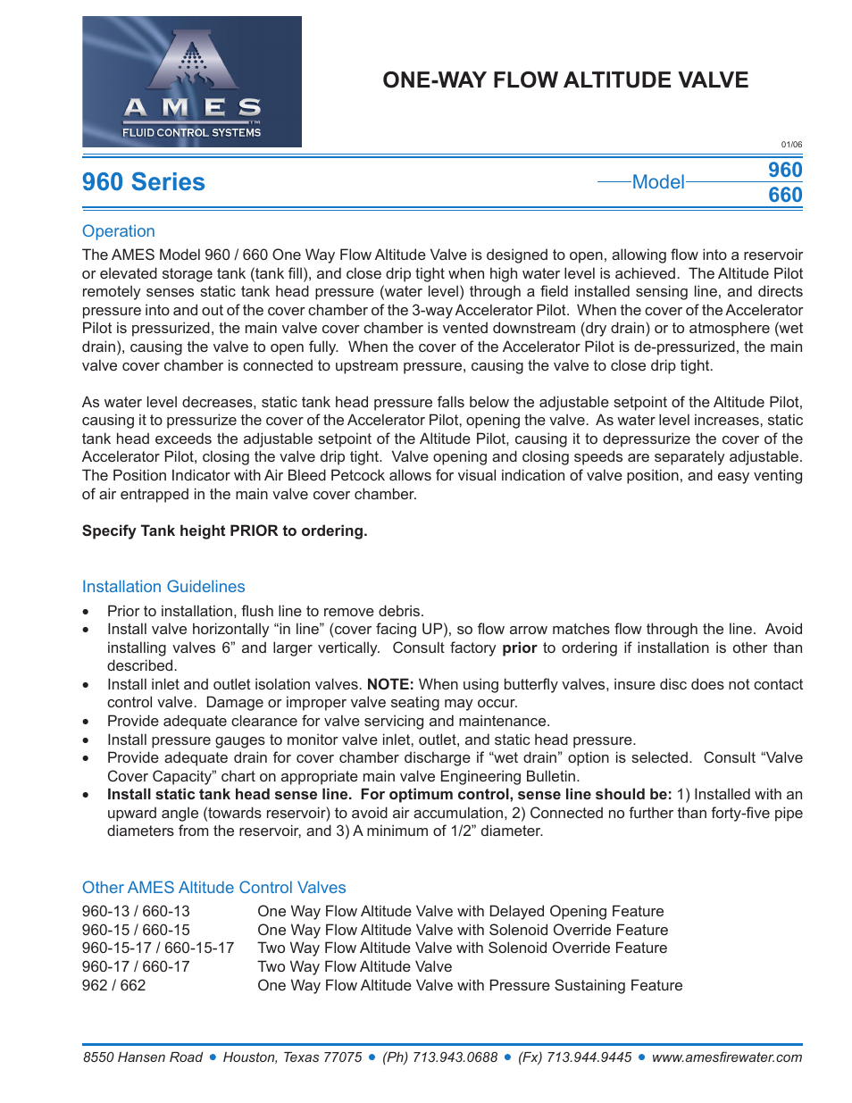 Ames Fire & Waterworks 960GS Stainless Steel One-Way Flow Altitude Valve User Manual | 1 page