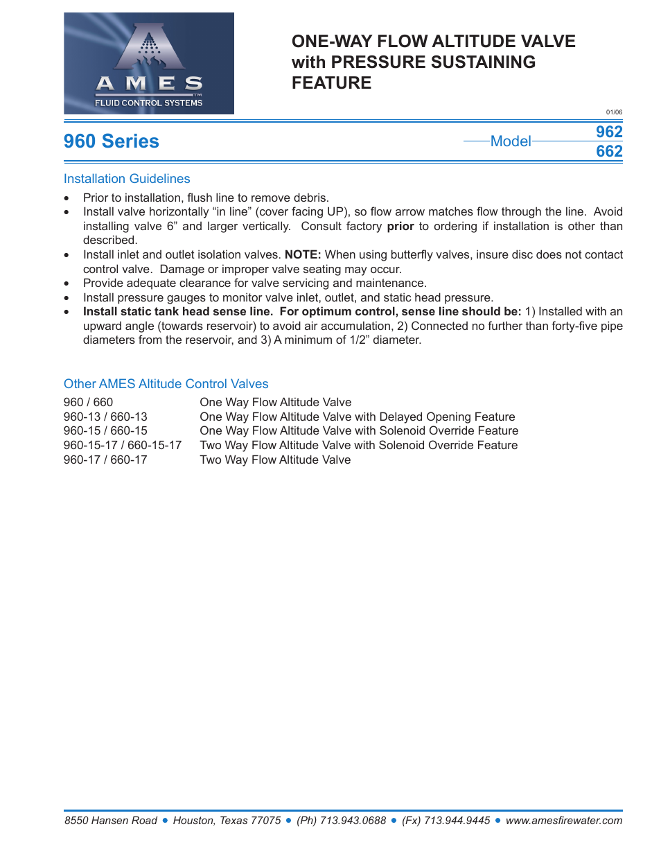 Ames Fire & Waterworks 962GS Stainless Steel One-Way Flow Altitude Valve with Pressure Sustaining Feature User Manual | 1 page