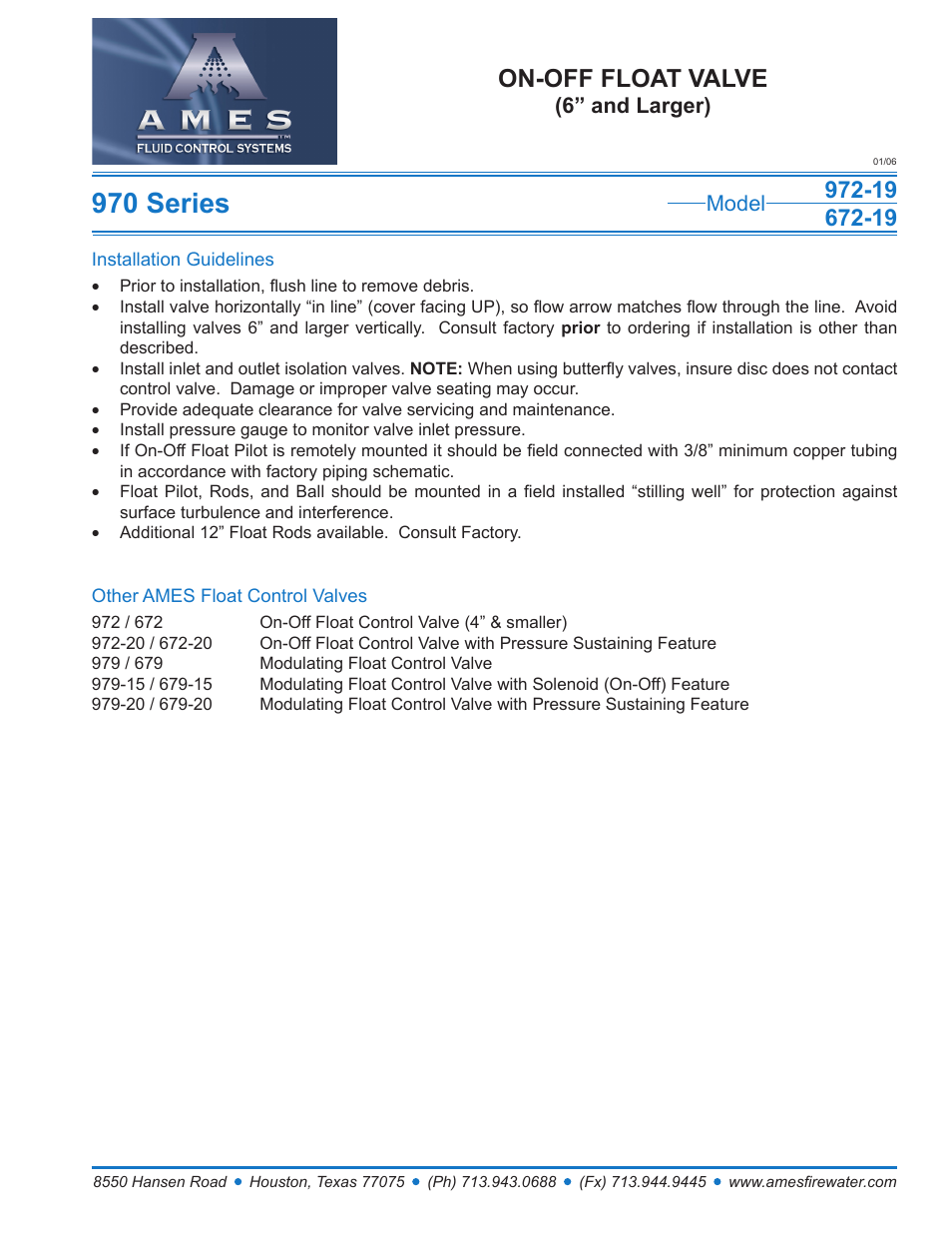 970 series, On-off float valve, Model | 6” and larger) | Ames Fire & Waterworks 972GS-19 Stainless Steel On-Off Float Valve (6 and Larger) User Manual | Page 2 / 2