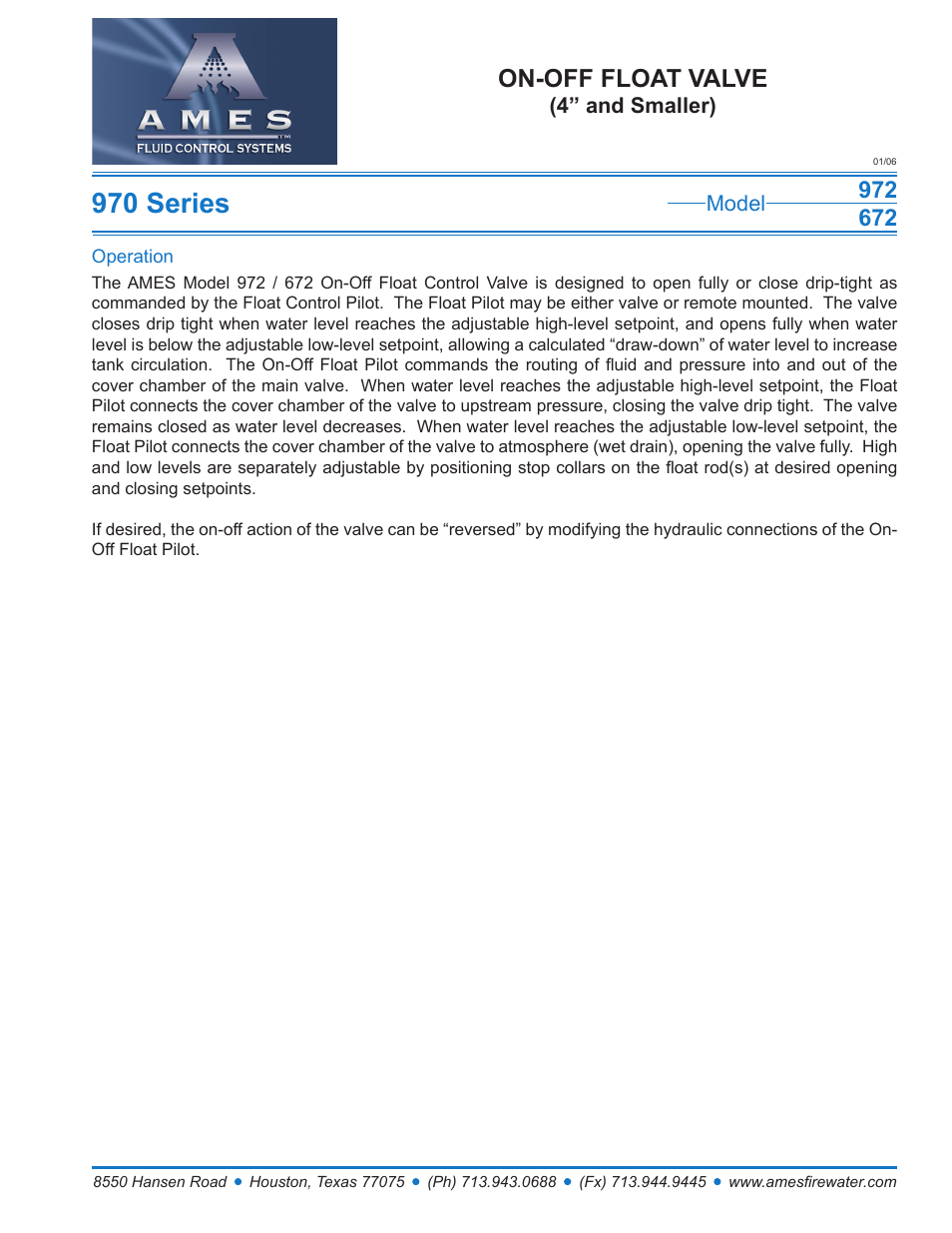 Ames Fire & Waterworks 972GS Stainless Steel On-Off Float Valve (4 and Smaller) User Manual | 2 pages