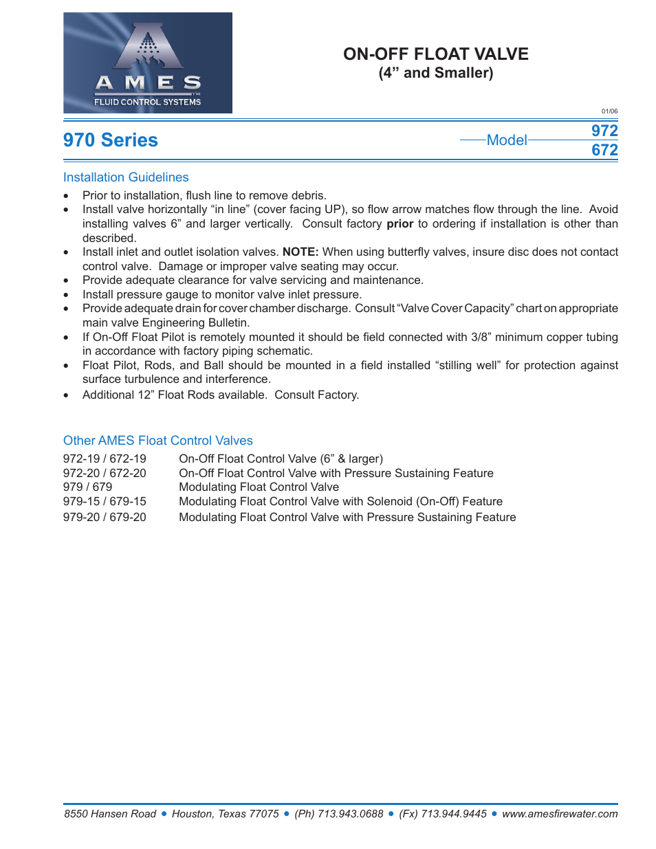 970 series, On-off float valve, Model | 4” and smaller) | Ames Fire & Waterworks 972GS Stainless Steel On-Off Float Valve (4 and Smaller) User Manual | Page 2 / 2