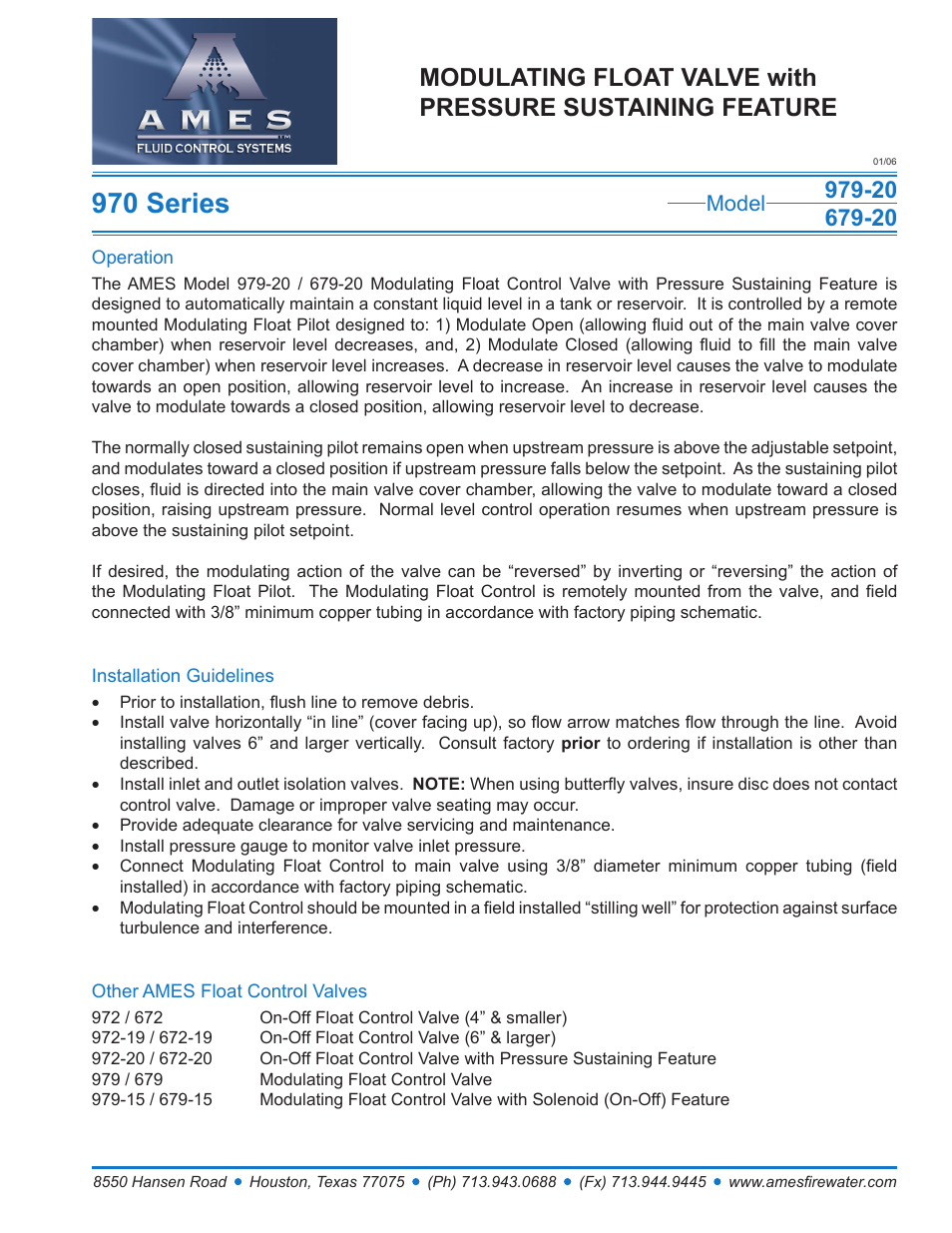 Ames Fire & Waterworks 979GS-20 Stainless Steel Modulating Float Valve with Pressure Sustaining Feature User Manual | 1 page