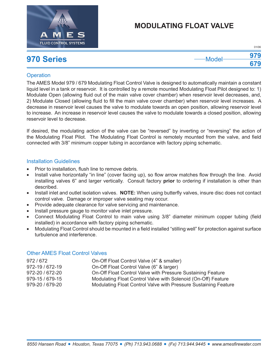 Ames Fire & Waterworks 979GS Stainless Steel Modulating Float Valve User Manual | 1 page