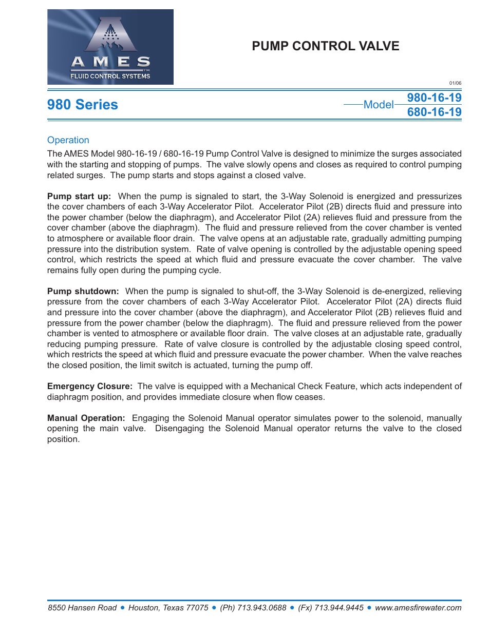 Ames Fire & Waterworks 980GS-16-19 Stainless Steel Dual Chamber Pump Control Valve with Mechanical Check Feature User Manual | 2 pages