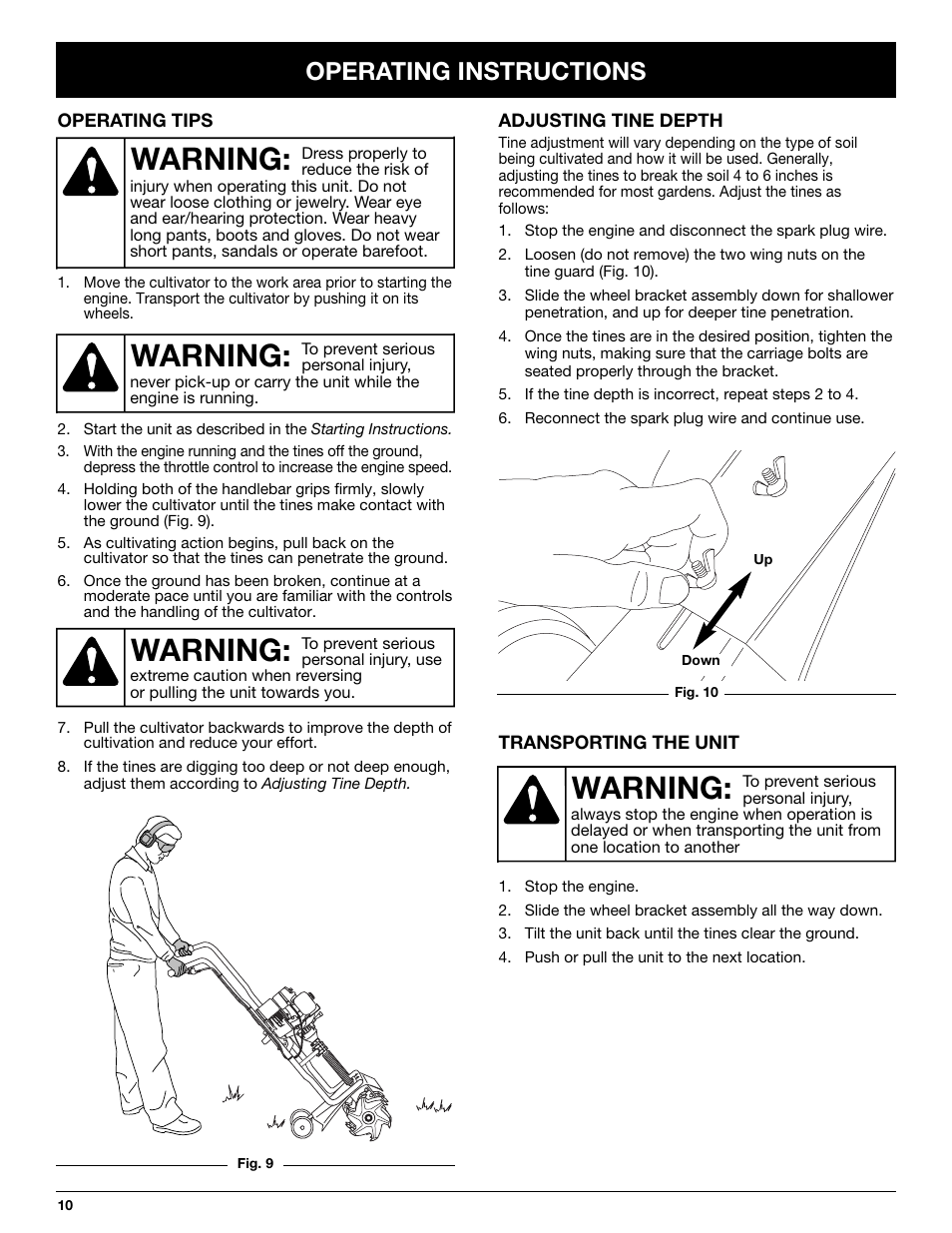 Warning, Operating instructions | MTD 2-Cycle Garden Cultivator User Manual | Page 10 / 64