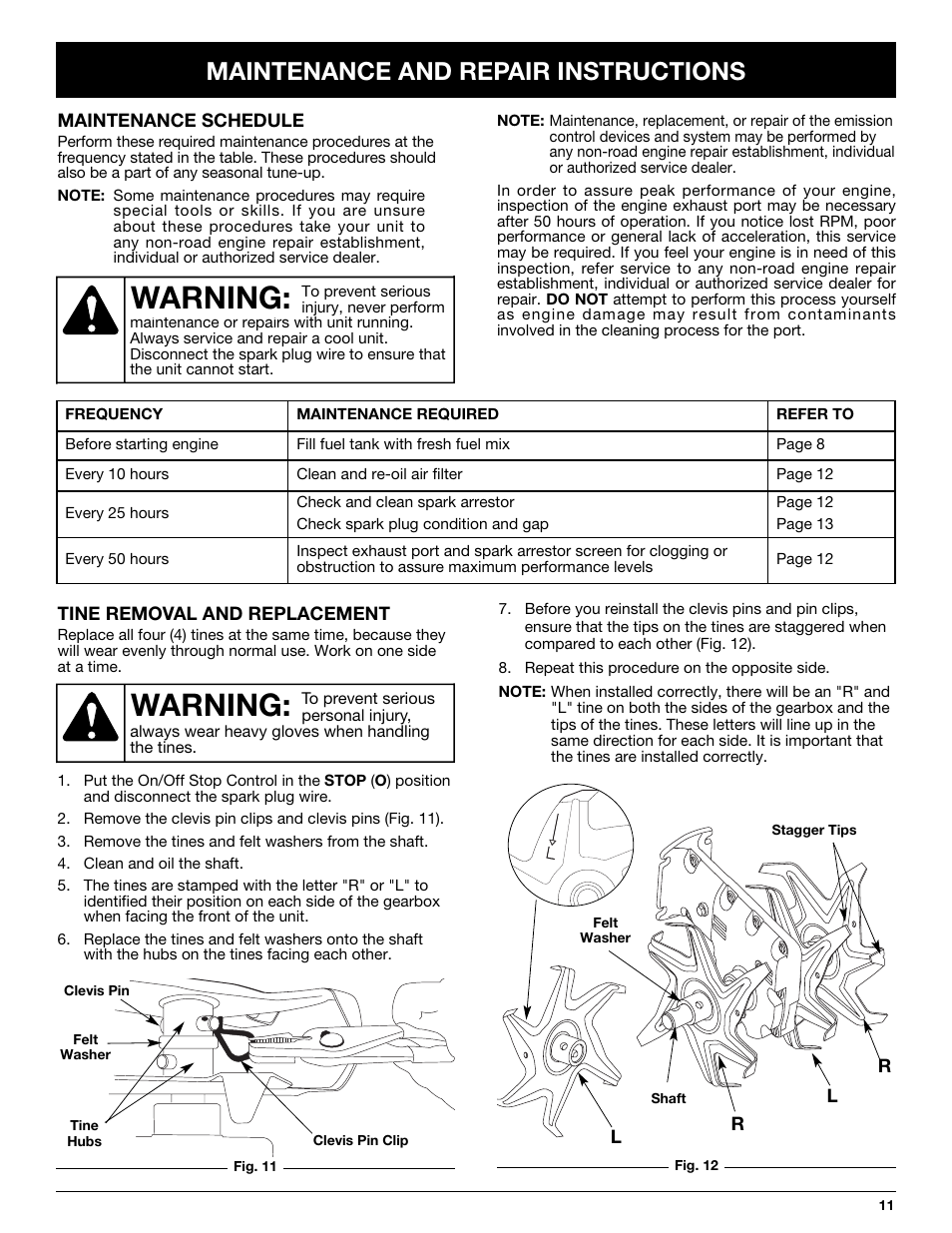 Warning, Maintenance and repair instructions | MTD 2-Cycle Garden Cultivator User Manual | Page 11 / 64