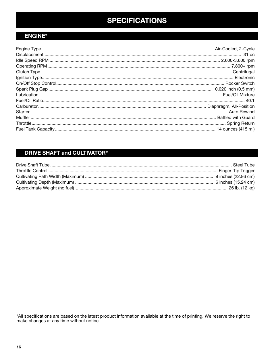 Specifications | MTD 2-Cycle Garden Cultivator User Manual | Page 16 / 64