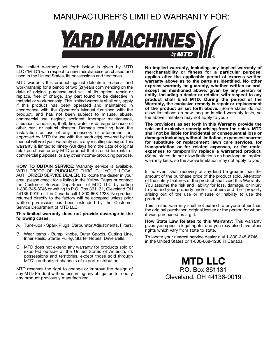 Mtd llc, Manufacturer’s limited warranty for | MTD 2-Cycle Garden Cultivator User Manual | Page 20 / 64