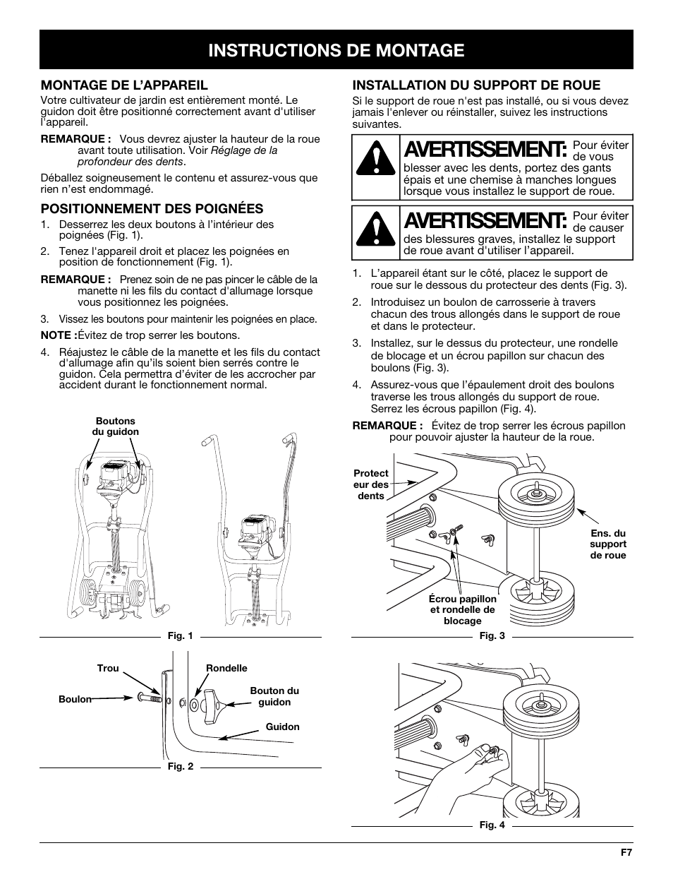 Avertissement, Instructions de montage | MTD 2-Cycle Garden Cultivator User Manual | Page 27 / 64