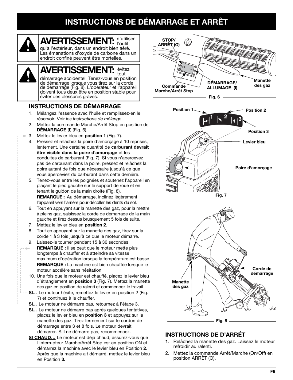 Avertissement, Instructions de démarrage et arrêt | MTD 2-Cycle Garden Cultivator User Manual | Page 29 / 64