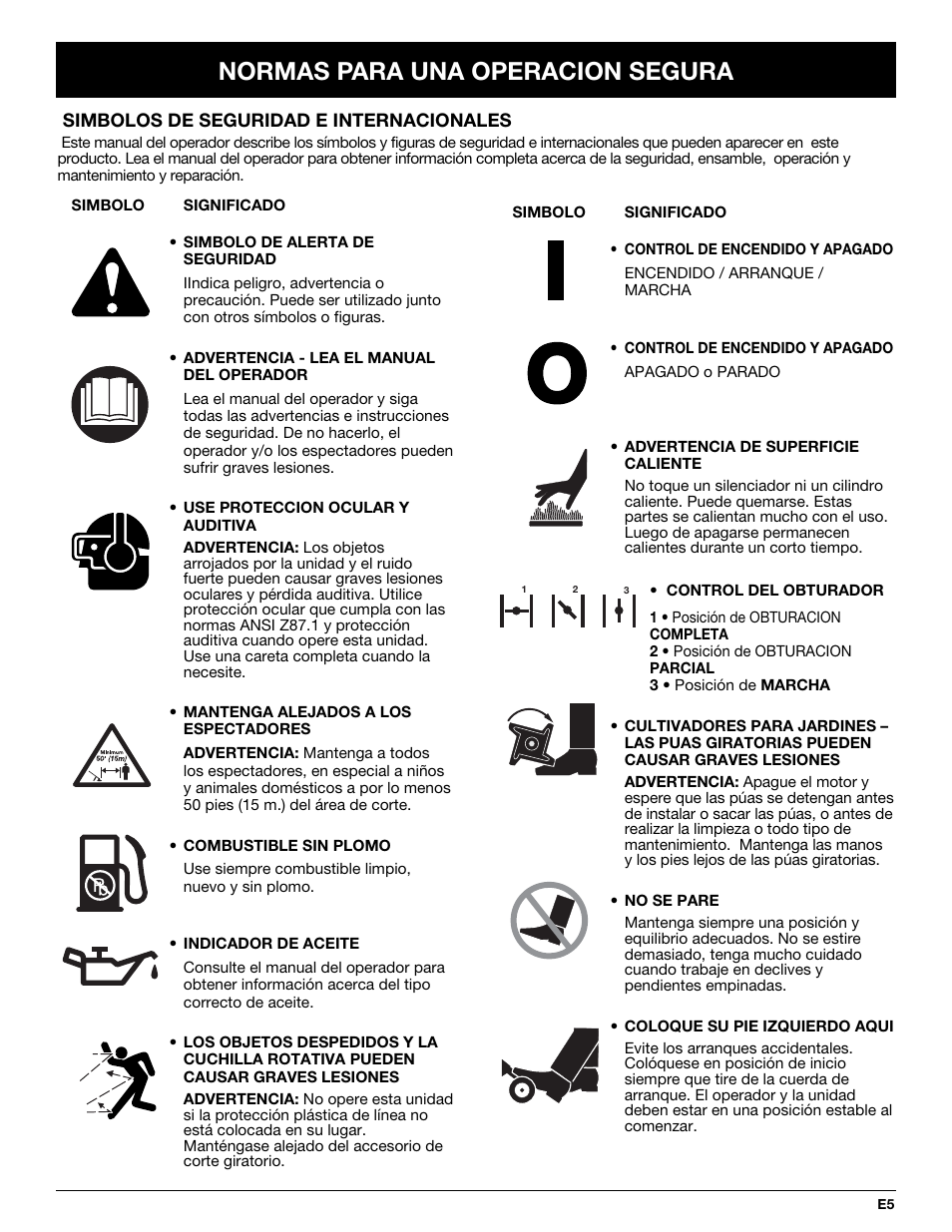 Normas para una operacion segura | MTD 2-Cycle Garden Cultivator User Manual | Page 45 / 64