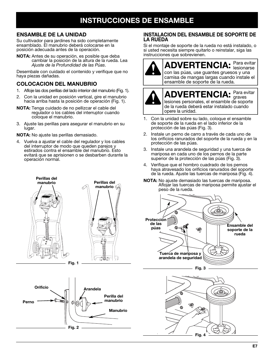 Advertencia, Instrucciones de ensamble | MTD 2-Cycle Garden Cultivator User Manual | Page 47 / 64