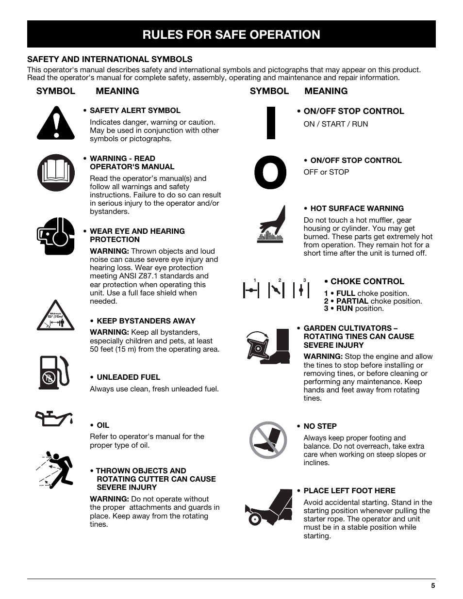 Rules for safe operation | MTD 2-Cycle Garden Cultivator User Manual | Page 5 / 64