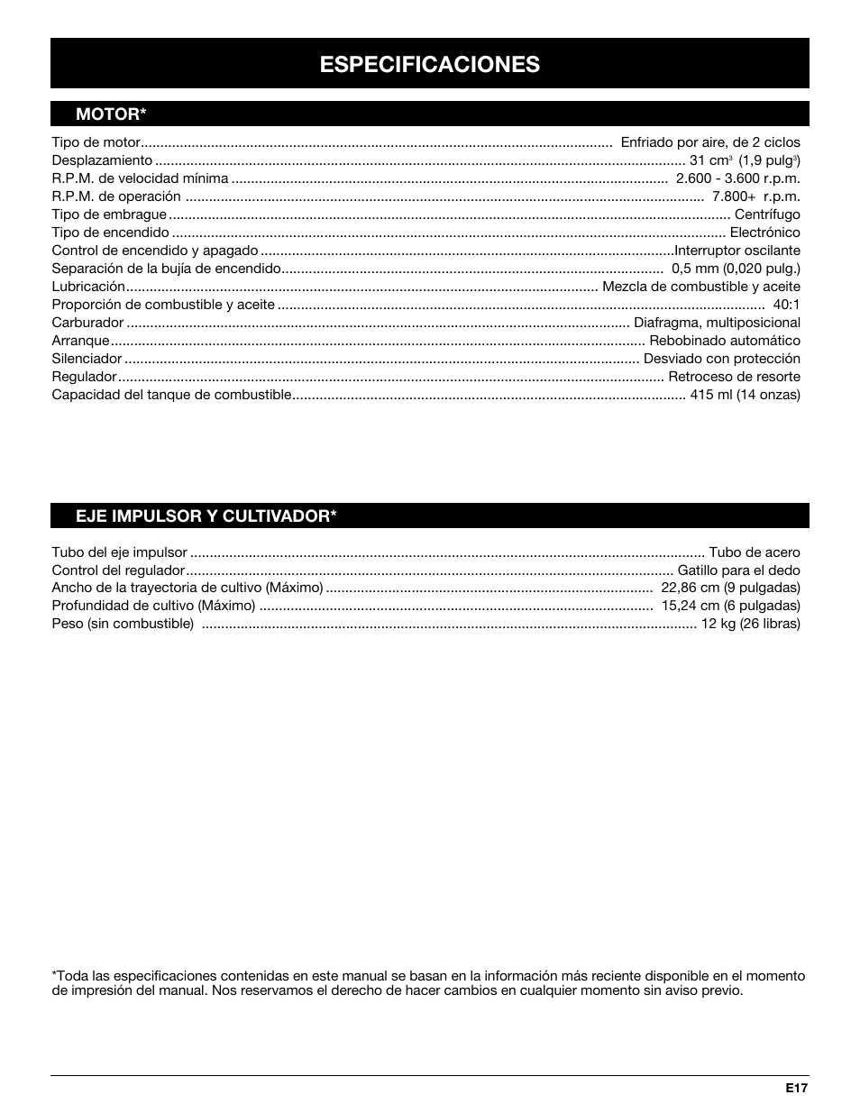 Especificaciones | MTD 2-Cycle Garden Cultivator User Manual | Page 57 / 64