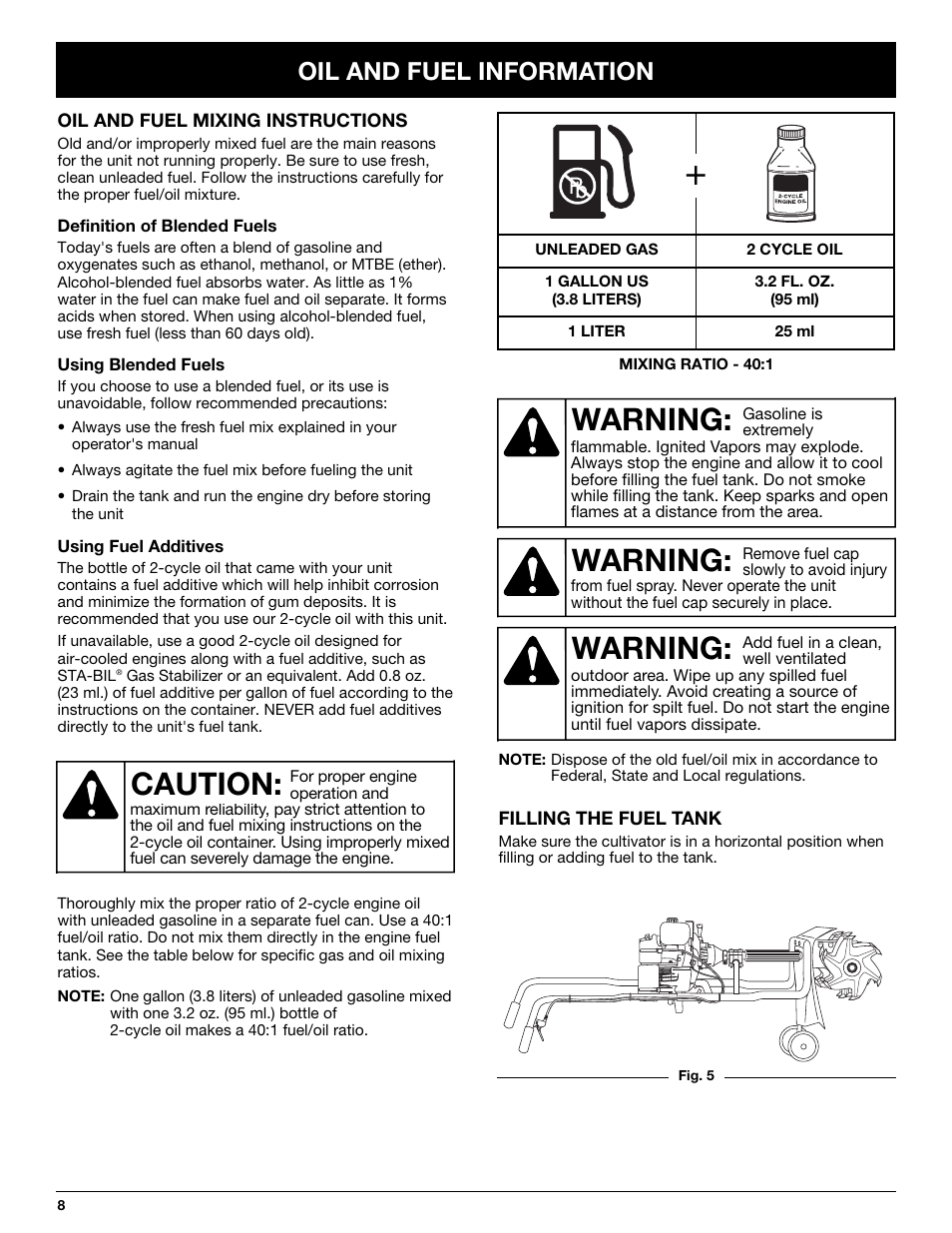 Warning, Caution, Oil and fuel information | MTD 2-Cycle Garden Cultivator User Manual | Page 8 / 64