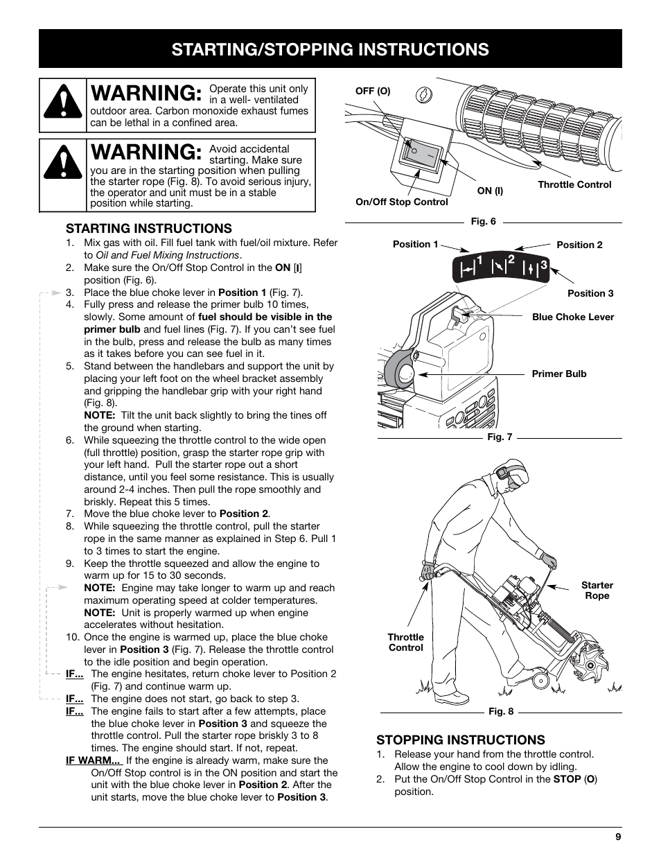 Warning, Starting/stopping instructions | MTD 2-Cycle Garden Cultivator User Manual | Page 9 / 64