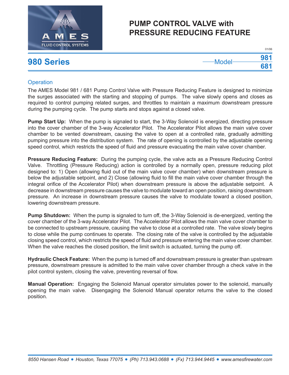 Ames Fire & Waterworks 981GS Stainless Steel Single Chamber Pump Control Valve with Pressure Reducing Feature User Manual | 2 pages