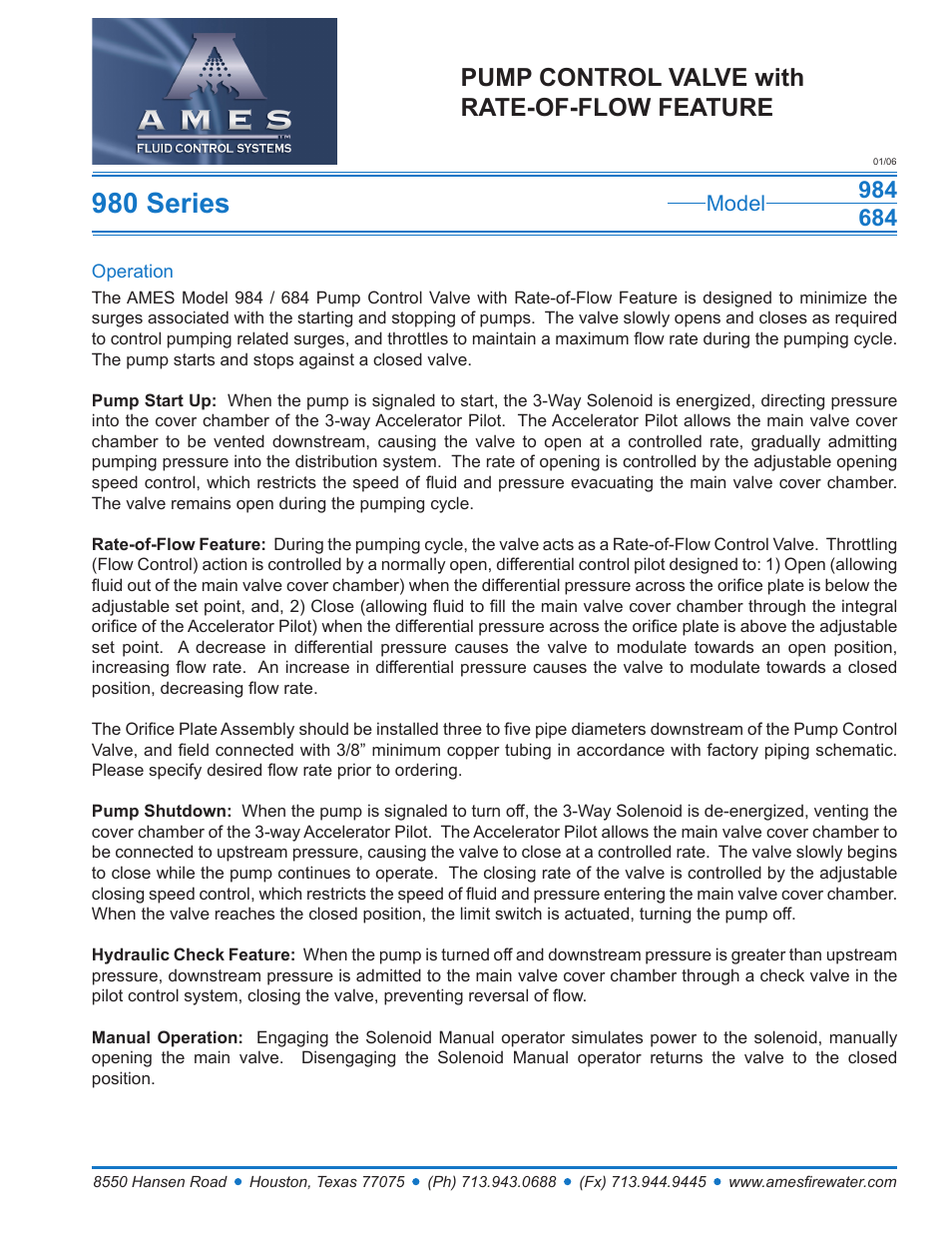 Ames Fire & Waterworks 984GS Stainless Steel Single Chamber Pump Control Valve with Rate-of-Flow Feature User Manual | 2 pages
