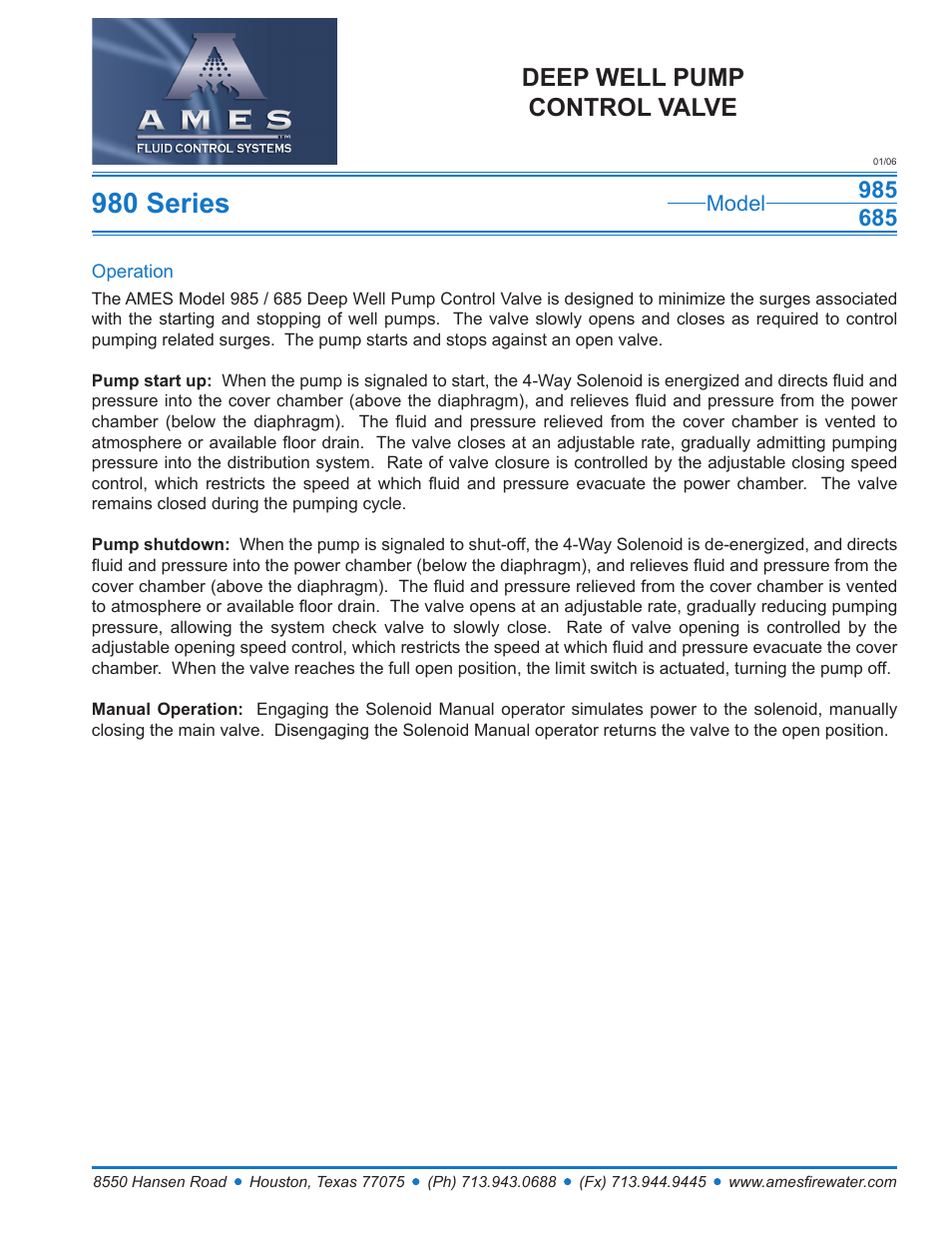 Ames Fire & Waterworks 985GS Stainless Steel Dual Chamber Deep Well Pump Control Valve User Manual | 2 pages