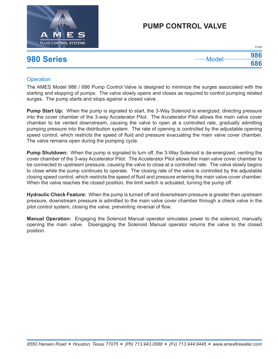 Ames Fire & Waterworks 986GS Stainless Steel Single Chamber Pump Control Valve User Manual | 2 pages