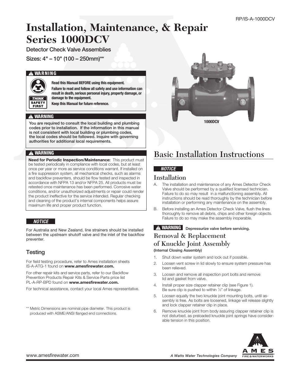 Ames Fire & Waterworks 1000DCV Steel Detector Check Valves User Manual | 2 pages