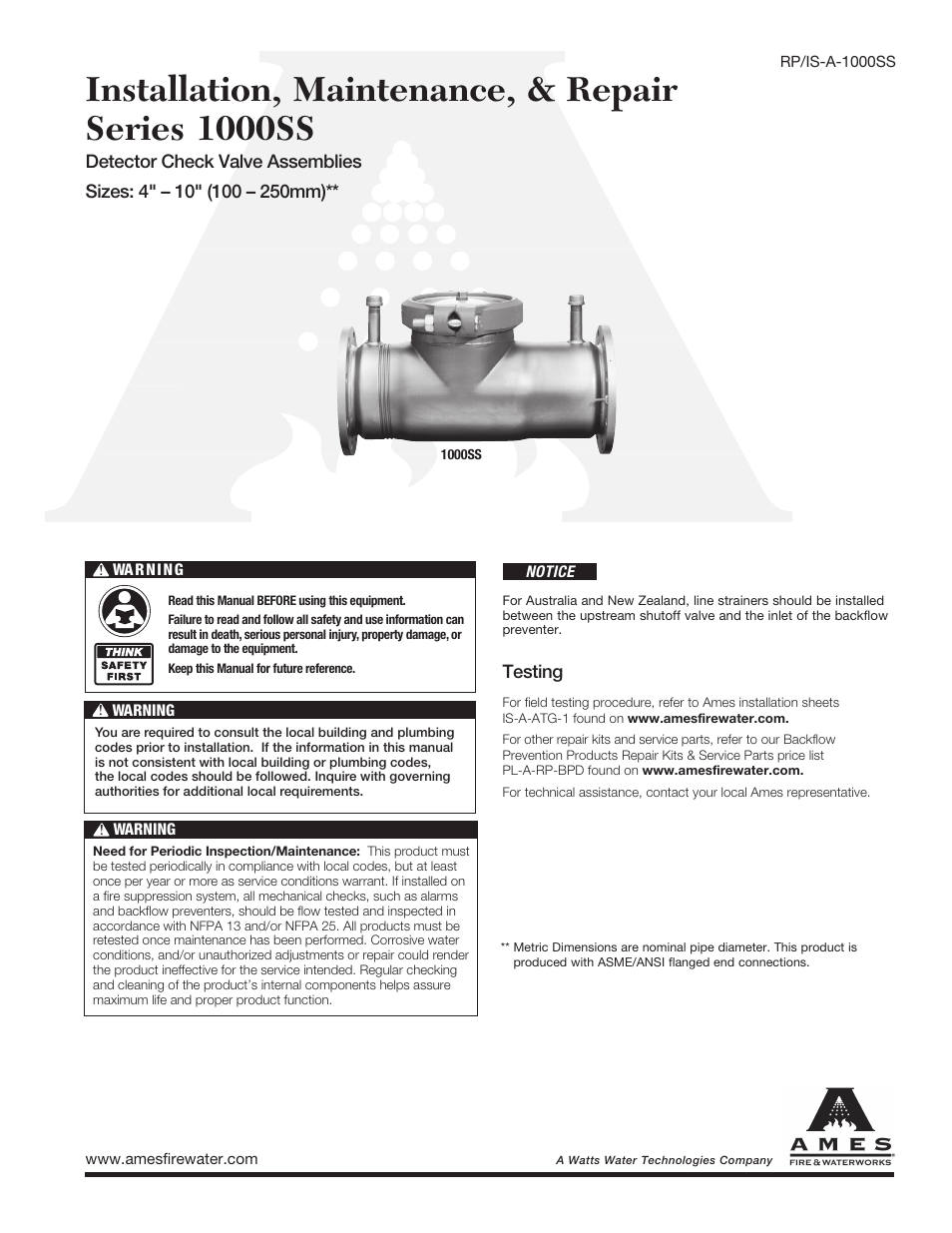 Ames Fire & Waterworks 1000SS Stainless Steel Detector Check Valves User Manual | 4 pages