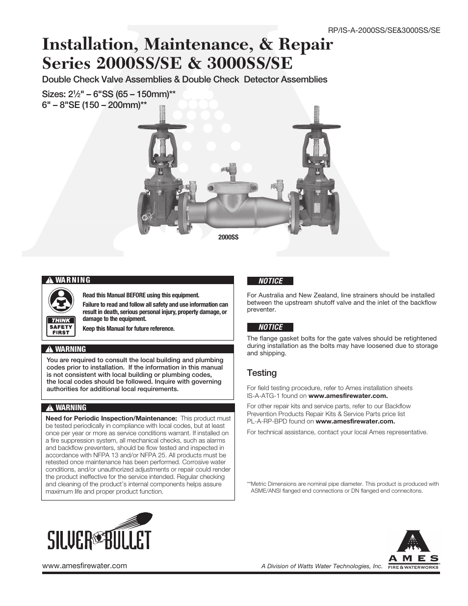Ames Fire & Waterworks 3000SS Stainless Steel Double Check Detector Assemblies User Manual | 4 pages