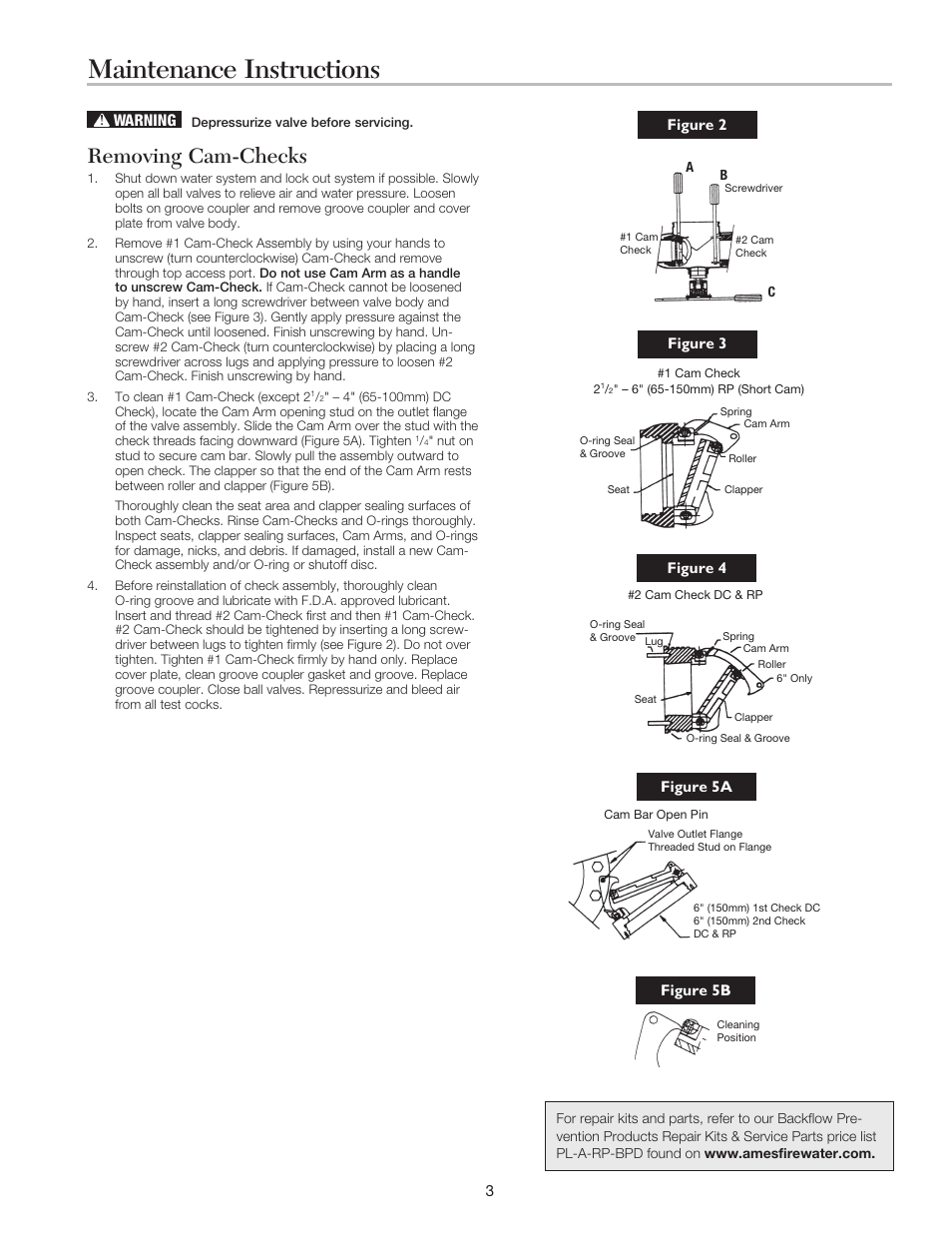 Maintenance instructions, Removing cam-checks, Warning | Ames Fire & Waterworks 6000HMB Portable Hydrant Meter Backflow Preventers with Meter Housing User Manual | Page 3 / 8