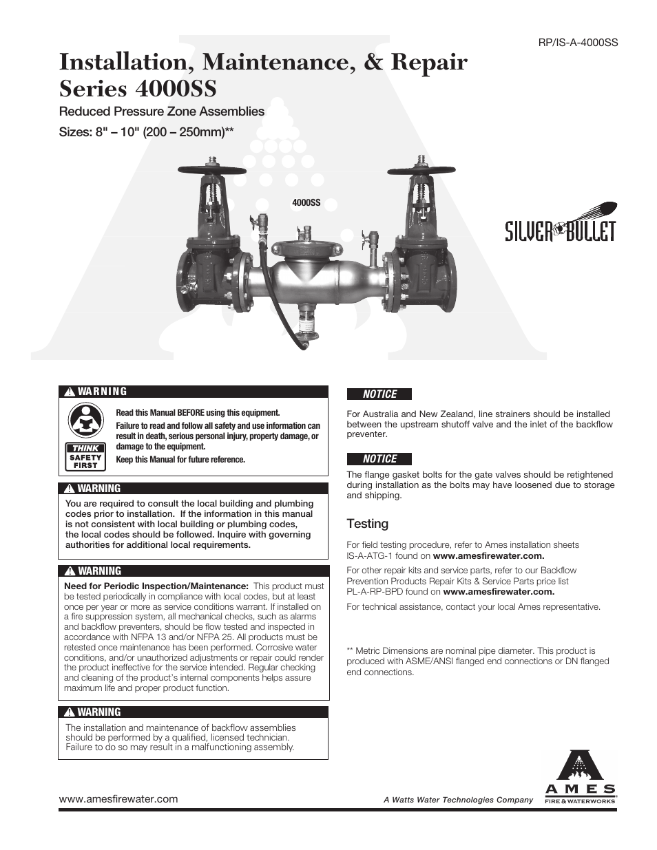 Ames Fire & Waterworks 4000SS Stainless Steel Reduced Pressure Zone Assemblies User Manual | 8 pages