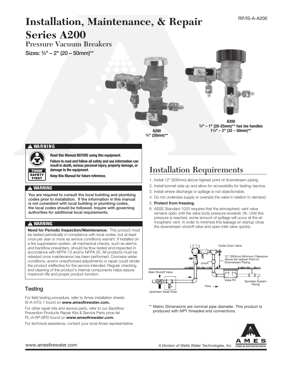 Ames Fire & Waterworks A200 Bronze Anti-Siphon Pressure Vacuum Breakers User Manual | 2 pages