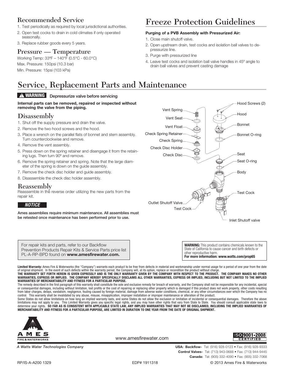 Freeze protection guidelines, Service, replacement parts and maintenance, Disassembly | Reassembly, Recommended service, Pressure — temperature | Ames Fire & Waterworks A200 Bronze Anti-Siphon Pressure Vacuum Breakers User Manual | Page 2 / 2