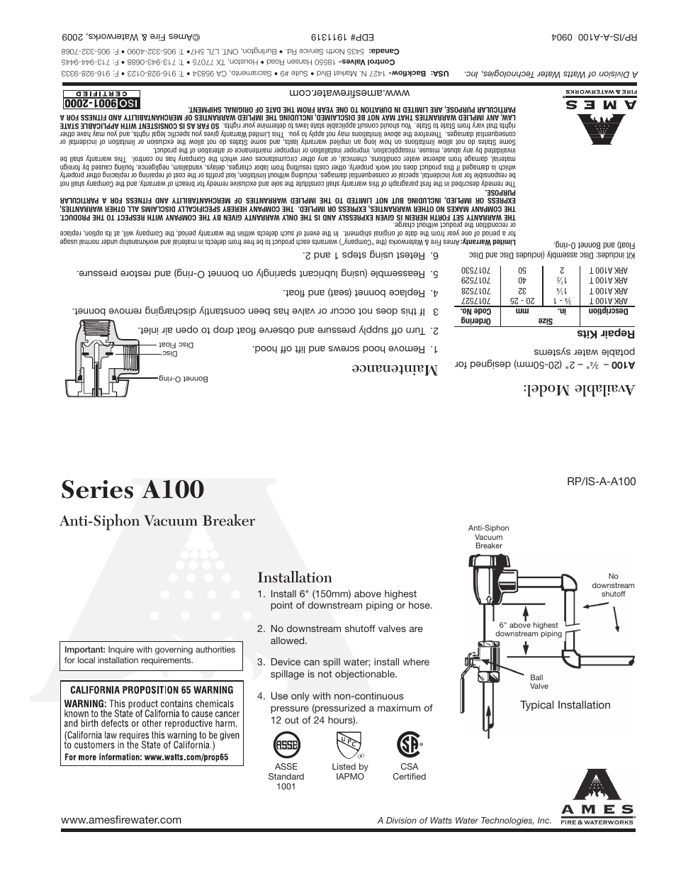 Ames Fire & Waterworks A100 Brass Anti-Siphon Vacuum Breakers User Manual | 2 pages