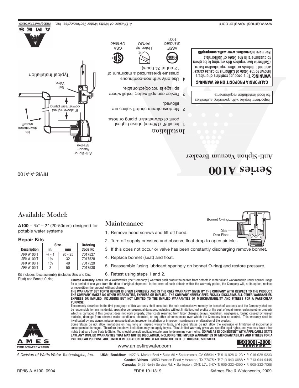 Series a100, Anti-siphon v acuum breaker, Installation | Available model, Maintenance | Ames Fire & Waterworks A100 Brass Anti-Siphon Vacuum Breakers User Manual | Page 2 / 2