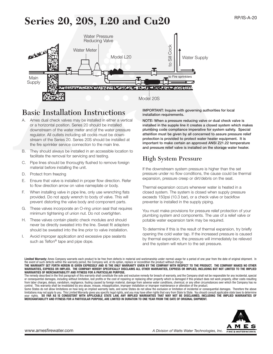 Ames Fire & Waterworks 20S Bronze Residential Fire Sprinkler System Dual Check Backflow Preventers User Manual | 2 pages