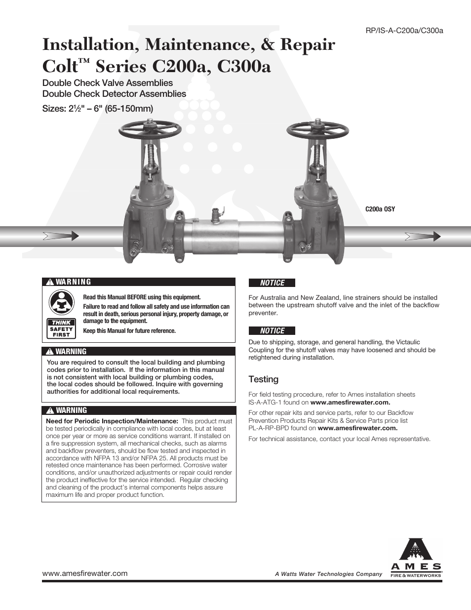 Ames Fire & Waterworks C300Na Stainless Steel Double Check Detector Assemblies with Bi-Link Check Valves User Manual | 4 pages