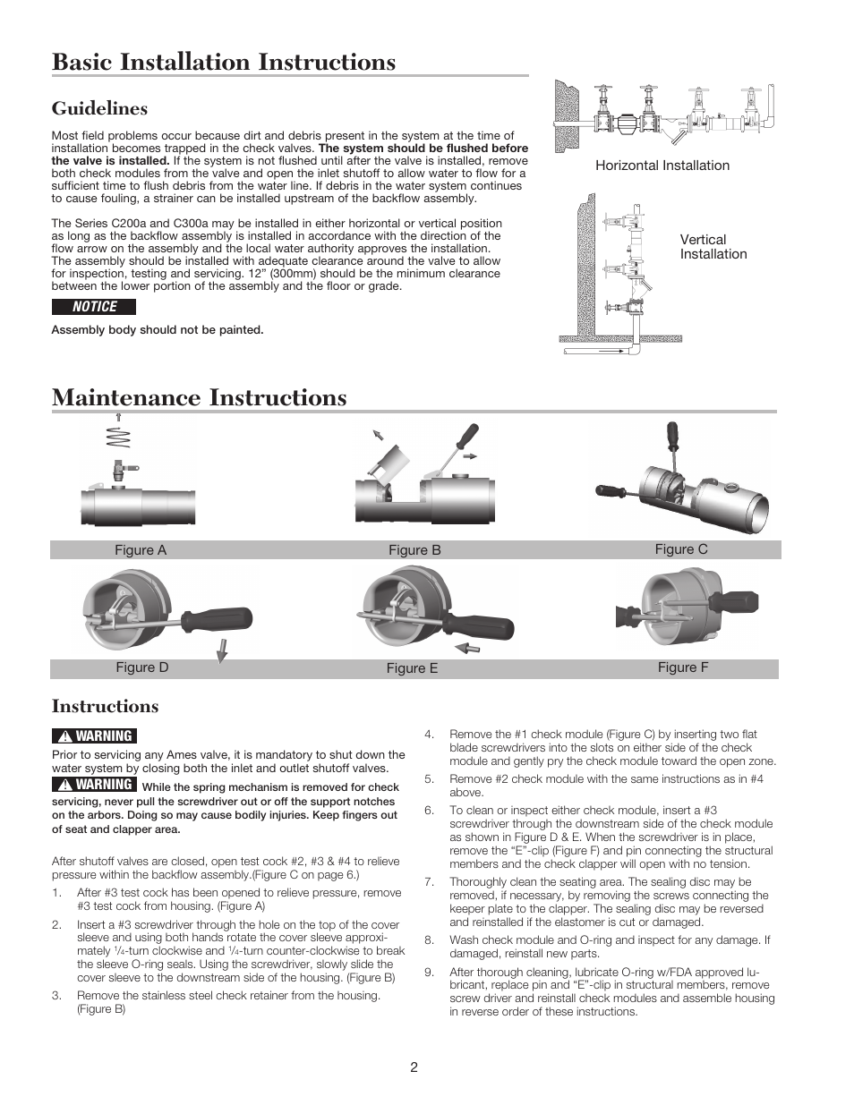Basic installation instructions, Maintenance instructions, Guidelines | Instructions | Ames Fire & Waterworks C300Na Stainless Steel Double Check Detector Assemblies with Bi-Link Check Valves User Manual | Page 2 / 4
