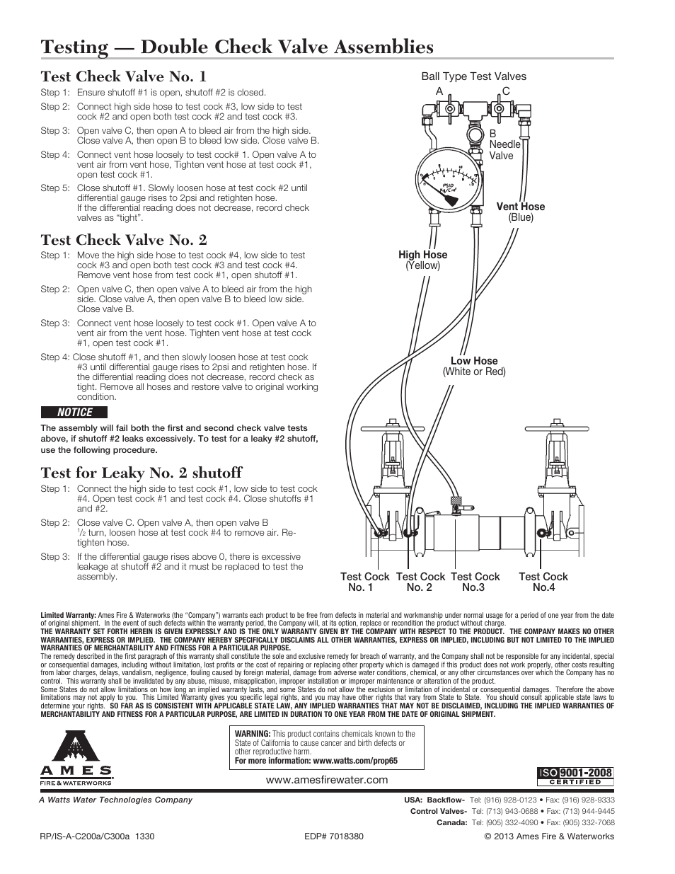 Testing — double check valve assemblies, Test check valve no. 1, Test check valve no. 2 | Test for leaky no. 2 shutoff | Ames Fire & Waterworks C300Na Stainless Steel Double Check Detector Assemblies with Bi-Link Check Valves User Manual | Page 4 / 4