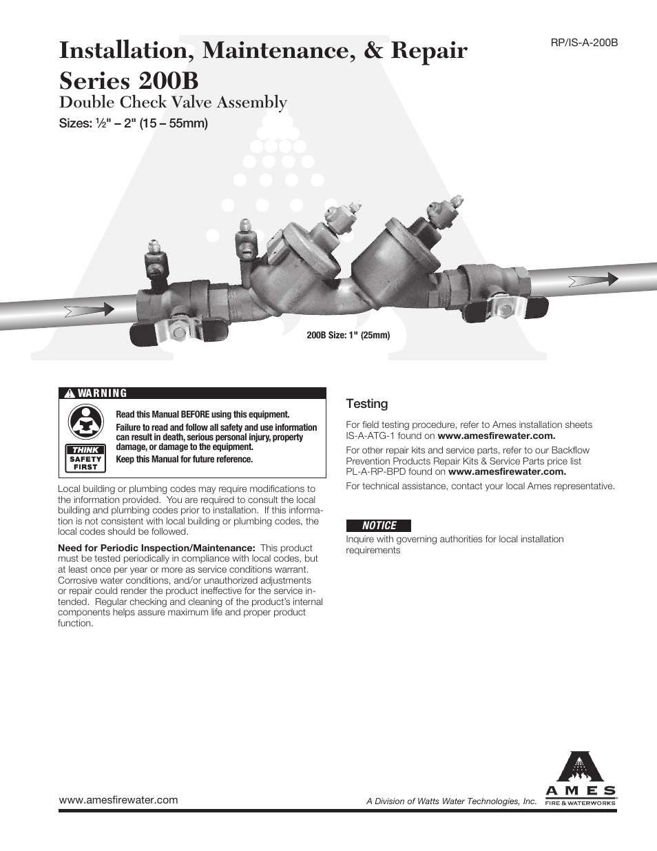 Ames Fire & Waterworks 200B Bronze Double Check Valve Assemblies User Manual | 4 pages