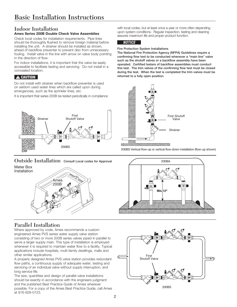 Basic installation instructions, Indoor installation, Outside installation | Parallel installation | Ames Fire & Waterworks 200B Bronze Double Check Valve Assemblies User Manual | Page 2 / 4