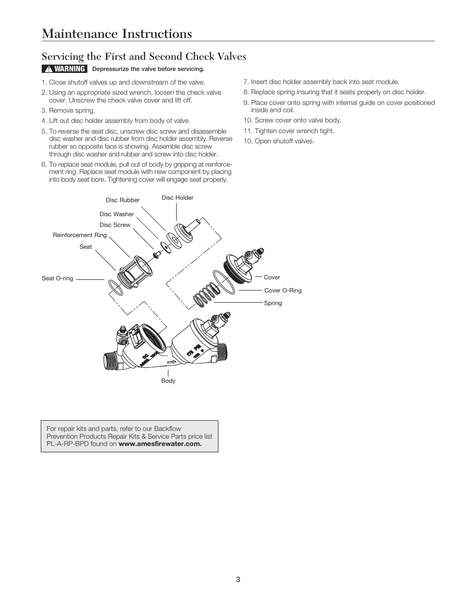 Maintenance instructions, Servicing the first and second check valves | Ames Fire & Waterworks 200B Bronze Double Check Valve Assemblies User Manual | Page 3 / 4
