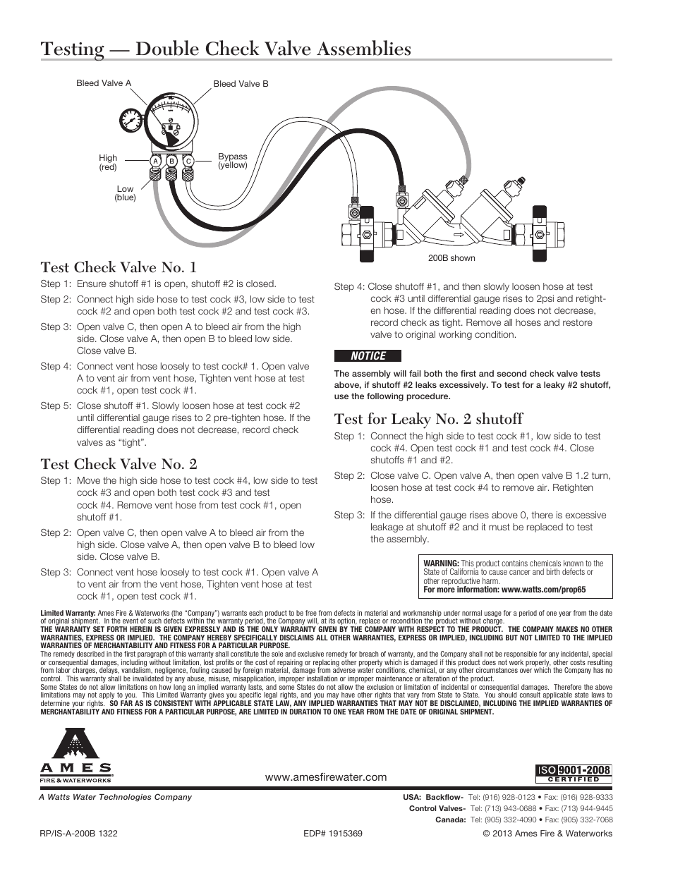 Testing — double check valve assemblies, Test check valve no. 1, Test check valve no. 2 | Test for leaky no. 2 shutoff | Ames Fire & Waterworks 200B Bronze Double Check Valve Assemblies User Manual | Page 4 / 4