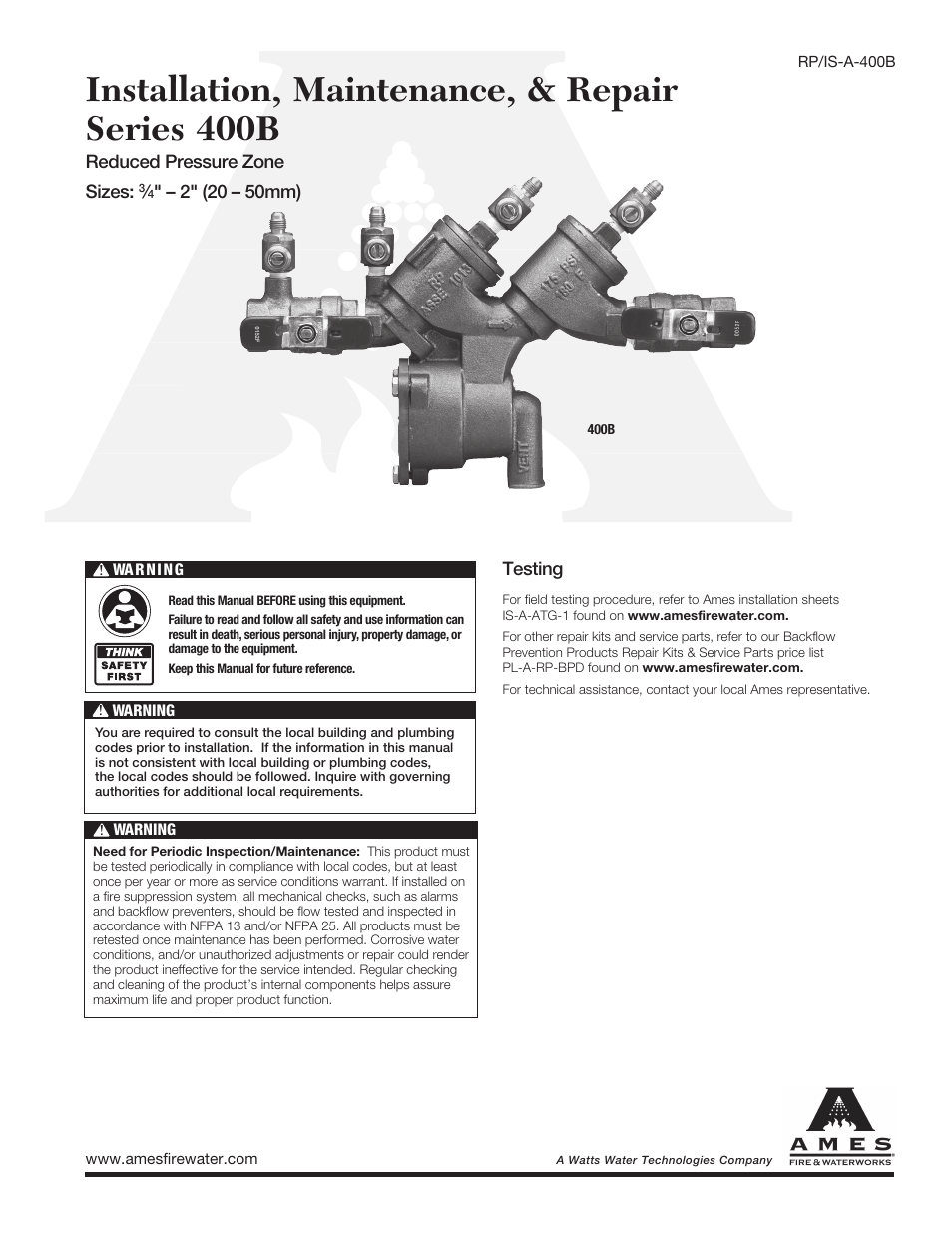 Ames Fire & Waterworks 400B Bronze Reduced Pressure Zone Assemblies User Manual | 8 pages