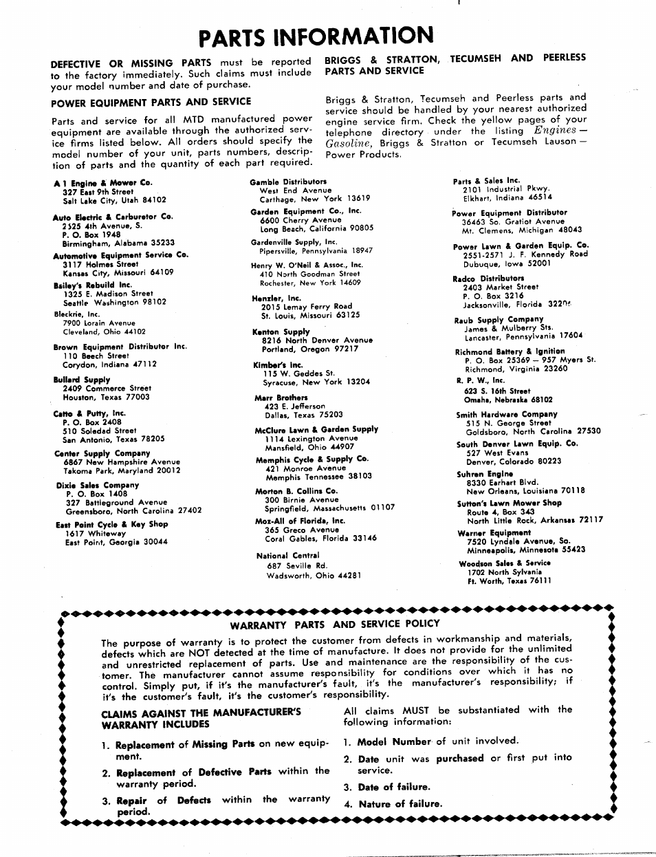 Parts information | Bolens 413R User Manual | Page 10 / 10