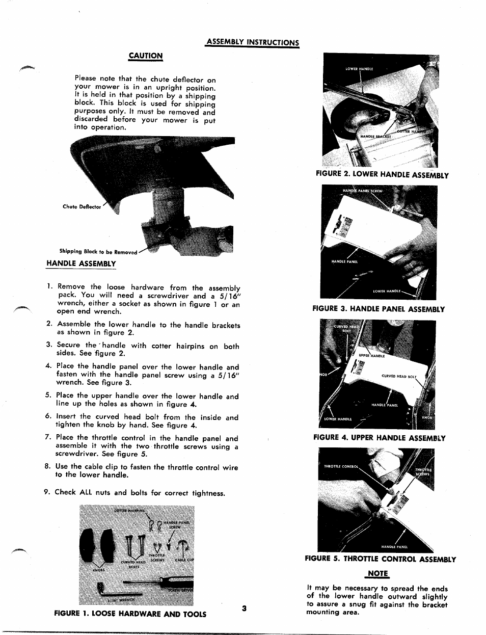 Assembly instructions, Caution, Figure 1. loose hardware and tools | V « f | Bolens 413R User Manual | Page 3 / 10