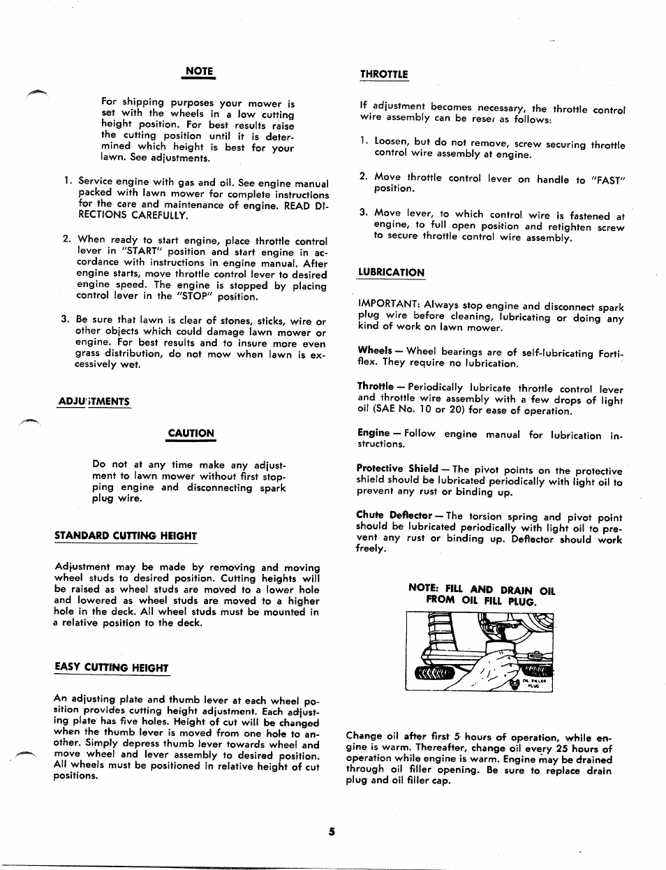 Throttie, Adjustments, Lubrication | Caution, Standard cuning height, Easy cuning height, Note; flu and drain oil from oil fill plug | Bolens 413R User Manual | Page 5 / 10