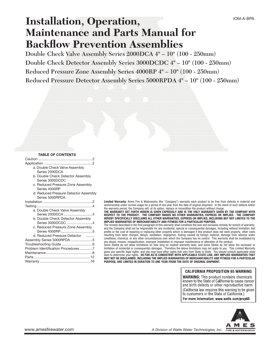 Ames Fire & Waterworks 5000RPDA Reduced Pressure Detector Assemblies User Manual | 16 pages